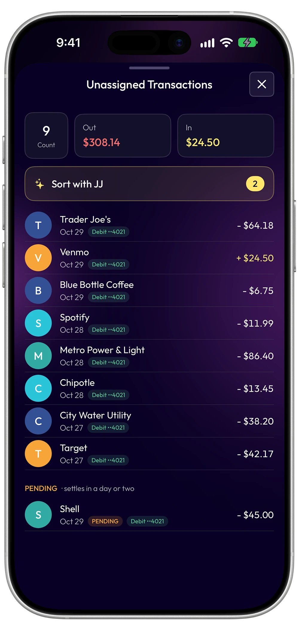 Jelli app screen showing unassigned transactions