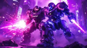 Futuristic mech battle depicting the manifestation of ChatGPT vs JJ in an AI Budgeting battle