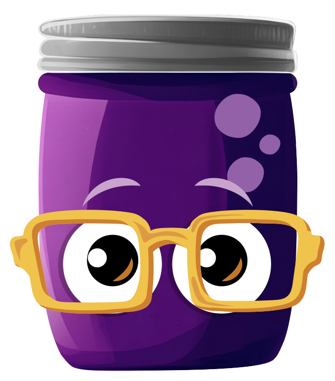 JJ, Jelli's mascot: a purple jar with gold glasses