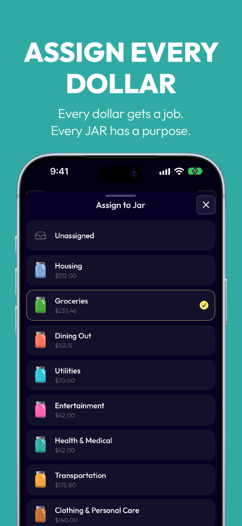 Jelli App Store screenshot: Assign every dollar